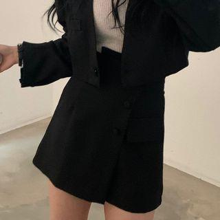 Set: Single-Button Cropped Plain Blazer + High Waist Buttoned Mini A-Line Skirt Skirt - Black by ISSOL
