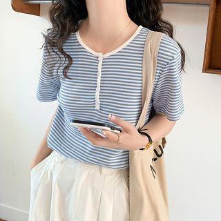 Short-Sleeve Henley Striped Tee Blue by Daybreak
