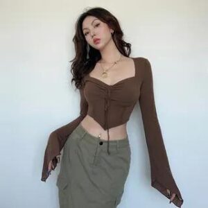 Long-Sleeve Plain Drawstring Corset Top Brown 230588440