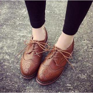 Brogue Derbies Faux Leather Lace-Up Shoes Black - 37 by Anran