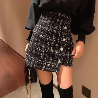 M - High Waist Tweed A-Line Mini Skirt Black by Yako
