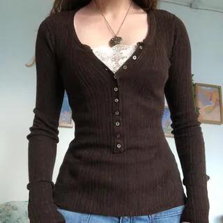 Long Sleeve Lace-Panel Ribbed-Knit Slim-Fit Top Brown by Sosana