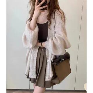 Lantern Sleeve Knit Cardigan Almond by ANORA