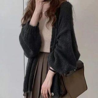 Lantern Sleeve Knit Cardigan Black by ANORA