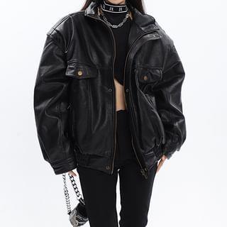 Stand Collar Plain Faux Leather Zip Puffer Bomber Jacket Black by SPUCIKLEI