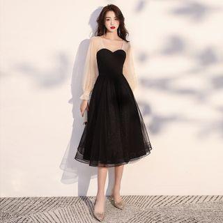 Long-Sleeve Two-Tone Mesh A-Line Evening Dress Type A - Midi Length - Black by MSSBridal