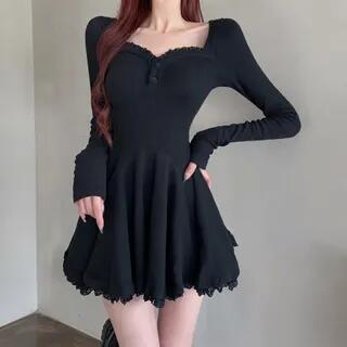 Long-Sleeve Ruffle Trim Mini A-Line Dress Black by ANORA