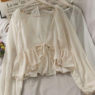 Tie-Waist Balloon-Sleeve Chiffon Cardigan White by Lemongrass