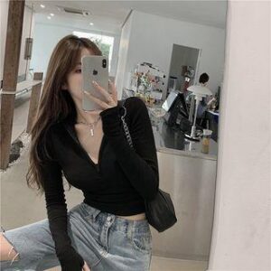 Long-Sleeve Plain Half-Zip Polo Shirt Black 232245741