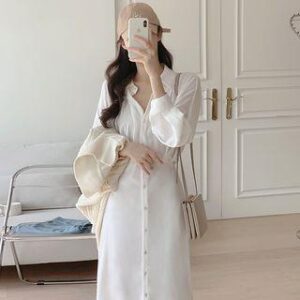 Long-Sleeve Collared Plain Midi A-Line Shirt Dress White 232245804