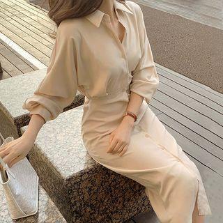 Long-Sleeve Collared Plain Midi A-Line Shirt Dress Almond by Coris