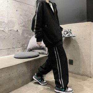 S - Set: Striped Hooded Zip Jacket + High-Waist Drawstring Harem Pants Set of 2 - Jacket & Pants - Black 232245936