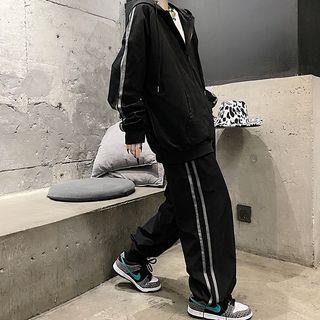 S - Set: Striped Hooded Zip Jacket + High-Waist Drawstring Harem Pants Set of 2 - Jacket & Pants - Black by Porstina