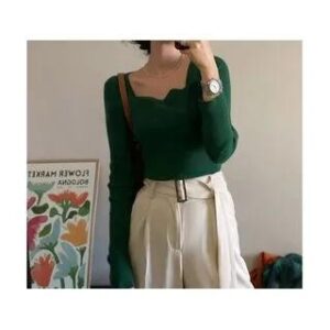 Long-Sleeve Sweetheart-Neckline Plain Ribbed Knit Top Green 233019076