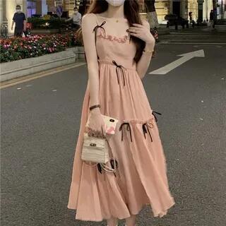 Spaghetti Strap Plain Bow Ruffled Midi A-Line Dress / Cardigan Dress - Pink by Moon City