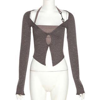 Set: Balletcore Long Sleeve Ruffled-Trim Crop Cardigan + Halter-Neck Crop Camisole Top Purple by Sosana