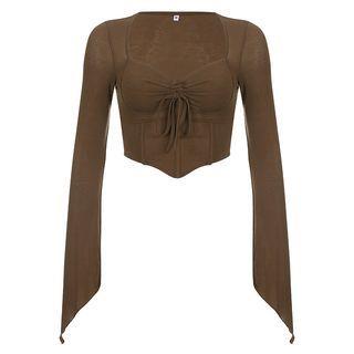 Long Sleeve Square-Neck Ruched Tie-Front Crop Top Brown by Sosana