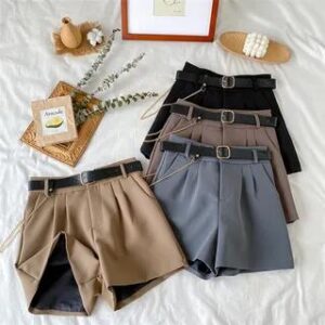 High-Waist Dress Shorts with Chained Faux Leather Belt Black 233183701