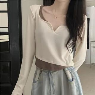Mock Two-Piece Long-Sleeve Two Tone Crop Tee Almond by Shinsei