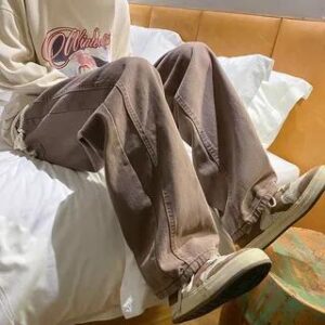 High-Waist Drawstring Straight Leg Jeans Brown 233558209
