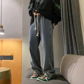 High-Waist Drawstring Straight Leg Jeans Blue by Zentrus