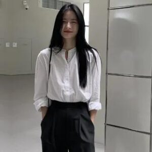 Long-Sleeve Round Neck Plain Button-Up Blouse White 233558324