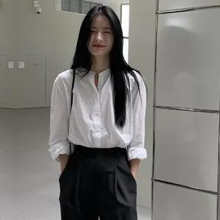 Long-Sleeve Round Neck Plain Button-Up Blouse White by Janerium