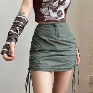 High-Waist Side-Drawstring Mini Pencil Cargo Skirt Army Green 233558494