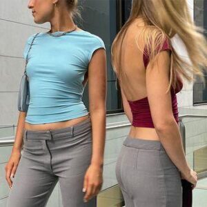 Short-Sleeve/ Long-Sleeve Boat Neck Plain Backless Tee Long-Sleeve - White 233558575