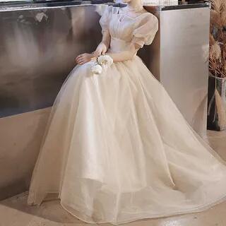 Puff-Sleeve Glitter Mesh A-Line Gown (Various Designs) FF673 - Lace Up - Champagne by DreesHouse