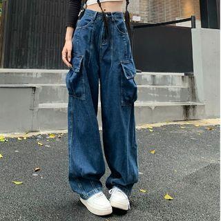 High Rise Cargo Baggy Jeans Dark Blue by Porstina