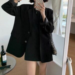 Plain Single-Breasted Blazer / Sleeveless Mini A-Line Dress Blazer - Black 234034678