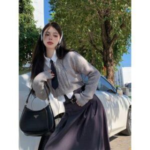 Long-Sleeve Plain Shirt / Crew Neck Crop Sweater / High Waist Midi A-Line Skirt Shirt - White 234035206
