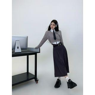 Long-Sleeve Plain Shirt / Crew Neck Crop Sweater / High Waist Midi A-Line Skirt Skirt - Black by Strawolf