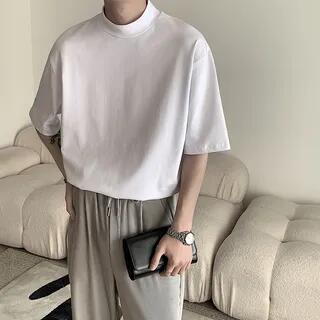Elbow-Sleeve Mock Neck Plain T-Shirt White by Freehop