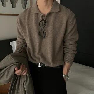 Plain Knit Polo Shirt Off-White by Okwano