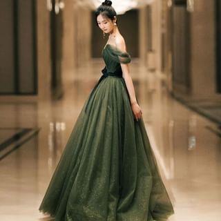 Off-Shoulder Glitter A-Line Evening Gown Green by Melon Juice