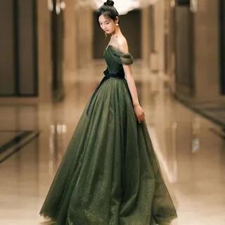 Off-Shoulder Glitter A-Line Evening Gown Green by Melon Juice