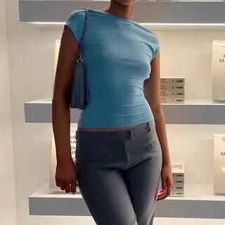 Short Sleeve Open-Back Plain Slim-Fit Crop Top Blue by Asiris