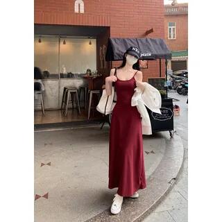 Spaghetti Strap Plain Slim-Fit Dress Wine Red by Alfie