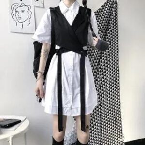 Short Sleeve Plain Mini Shirtdress / Strappy Wrapped Vest Shirtdress - White 234755696