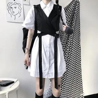 Short Sleeve Plain Mini Shirtdress / Strappy Wrapped Vest Shirtdress - White by Malnia Home
