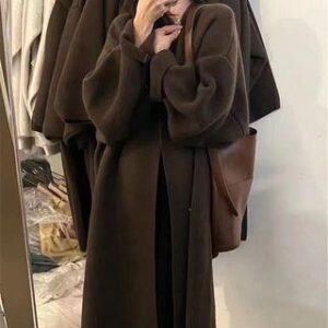 Open Front Plain Oversized Long Cardigan Brown 234755706