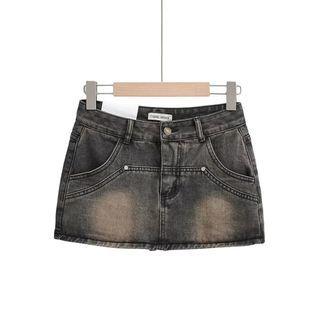 Low-Rise Denim Mini Pencil Skirt Ash Gray by Asiris