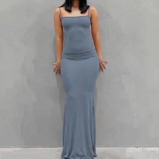 S - Spaghetti Strap Maxi Sheath Dress Blue by Honet