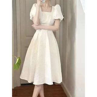 Short-Sleeve Square Neck Plain Midi A-Line Dress White by Hevnir
