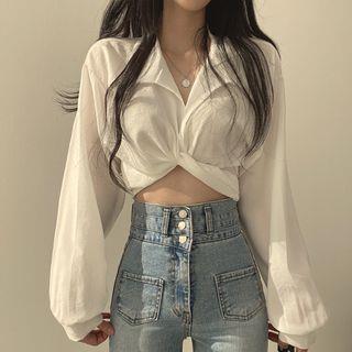 Long-Sleeve V-Neck Twist Crop Top White by Janerium