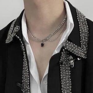 Square Rhinestone Pendant Layered Stainless Steel Choker Silver & Black 235141963