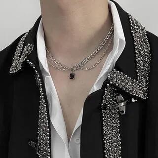 Square Rhinestone Pendant Layered Stainless Steel Choker Silver & Black by Kopesh