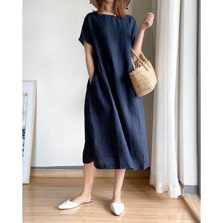 Short-Sleeve Round Neck Plain Midi A-Line Dress Navy Blue by INEN